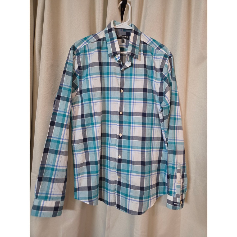 Express Modern Fit Mens Large Long Sleeve Plaid Button Down Shirt Teal Navy